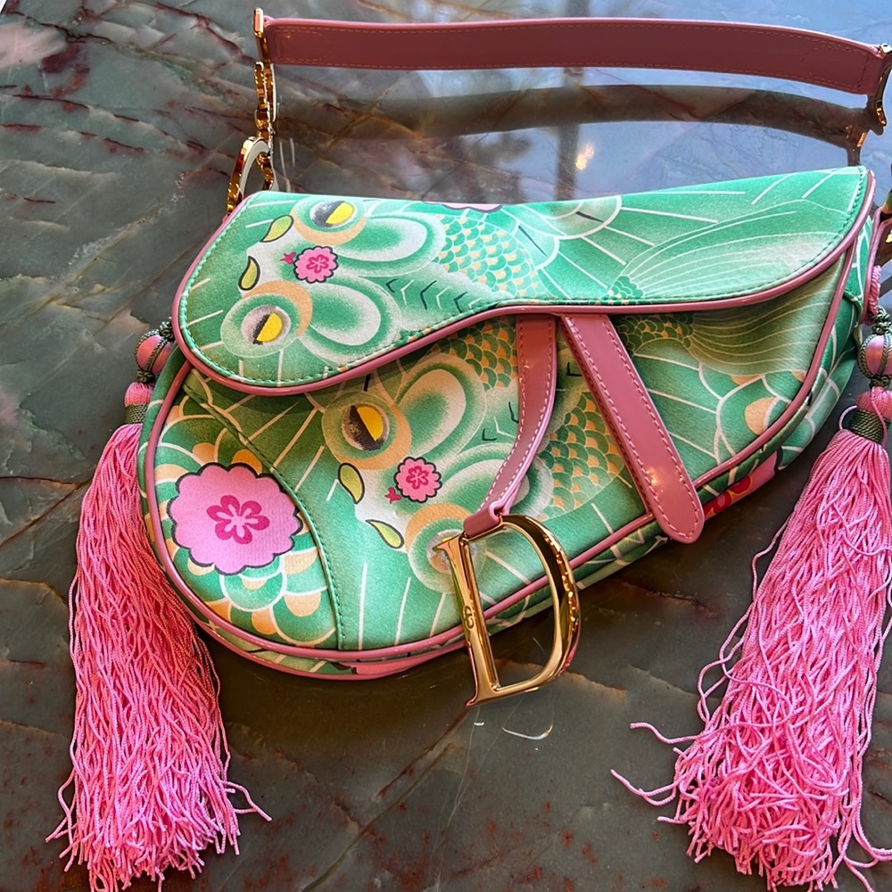 Christian Dior Saddle Vintage Multi color Satin bag with pink leather trim